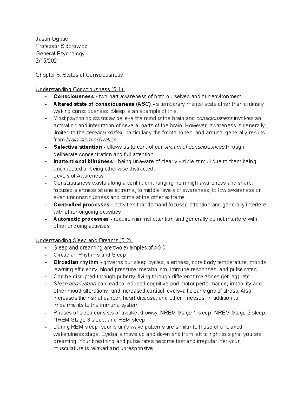 PSY 203 Chapter 5 - Notes on States of Consciousness - Jason Ogbue ...