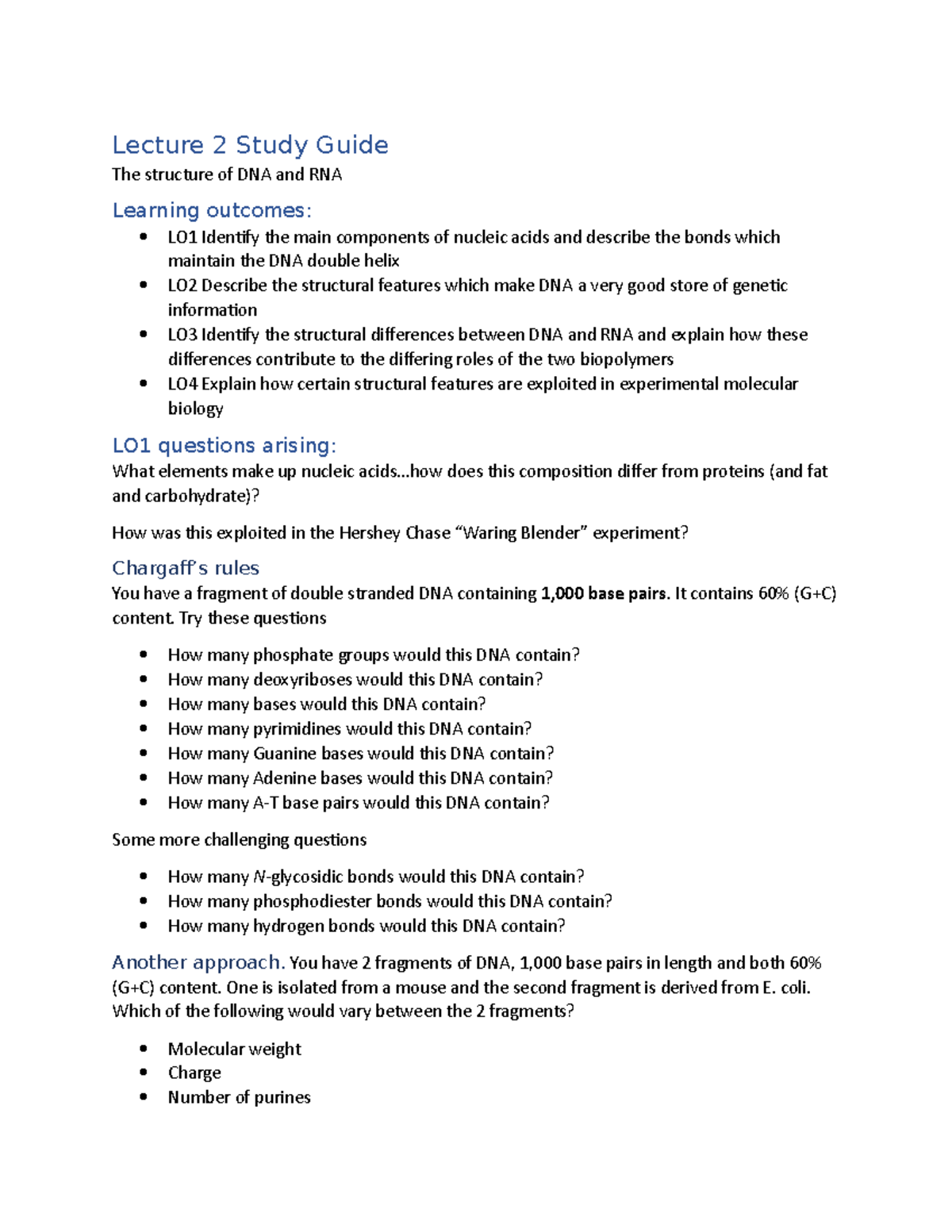 BCMB2001 Study Guide Lecture 2 - Lecture 2 Study Guide The structure of ...