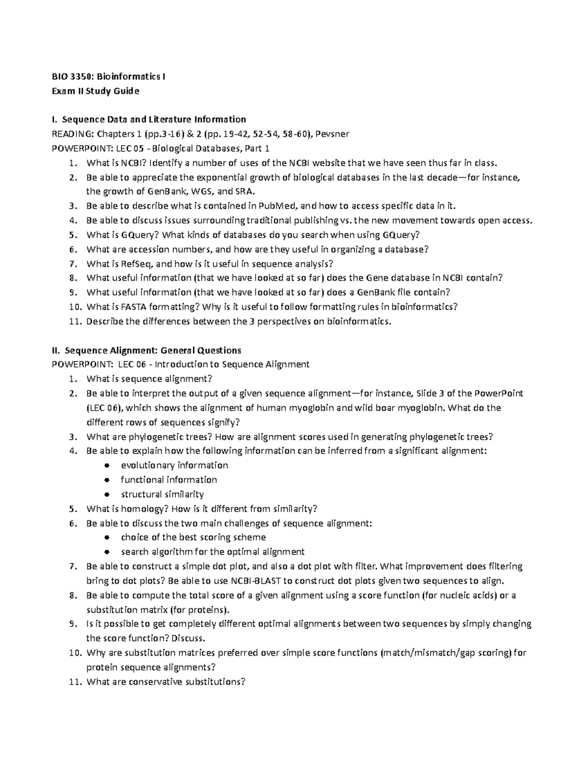 Exam 2 - Study Guide - FALL 17 - BIO 3350: Bioinformatics I Exam II ...