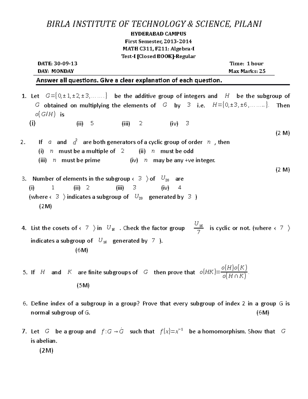 Algebra+Test-1 - Previous Year Question Paper for Practice - BIRLA ...