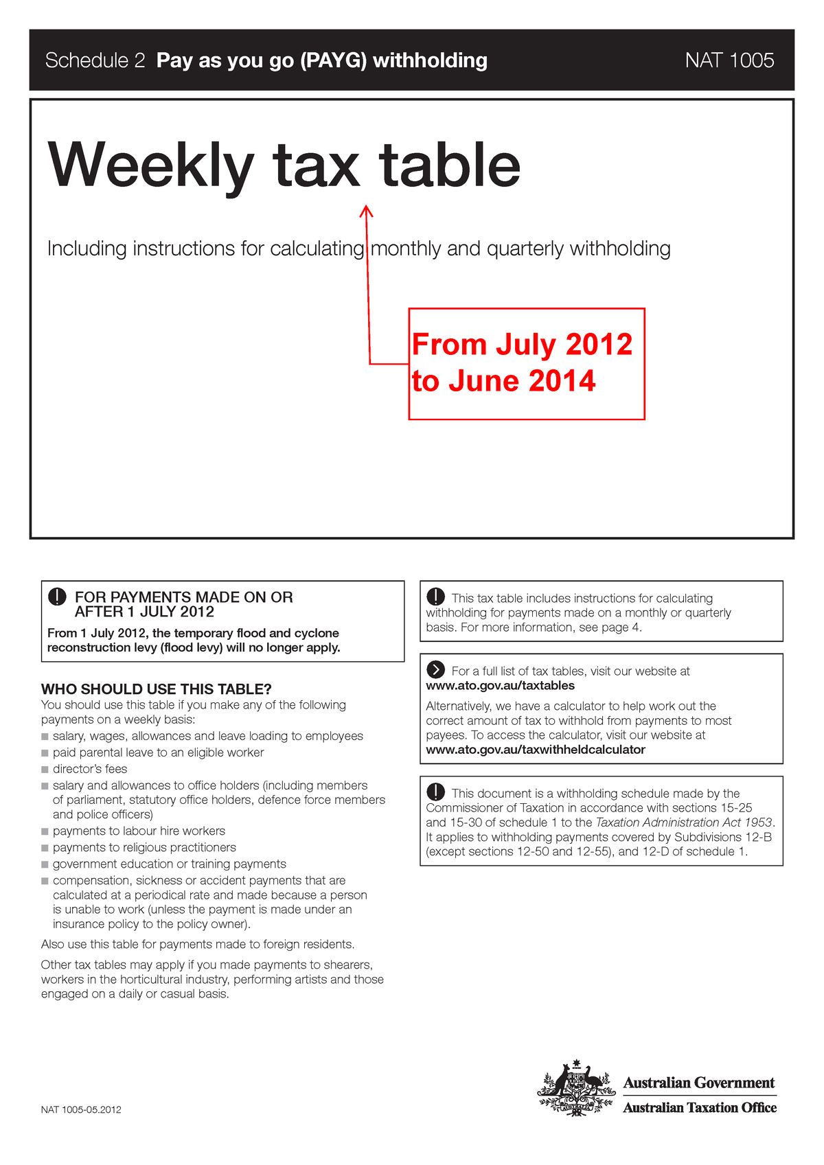 Tax Tables 2014 - Taxation - NAT 1005-05. Weekly tax table Including ...