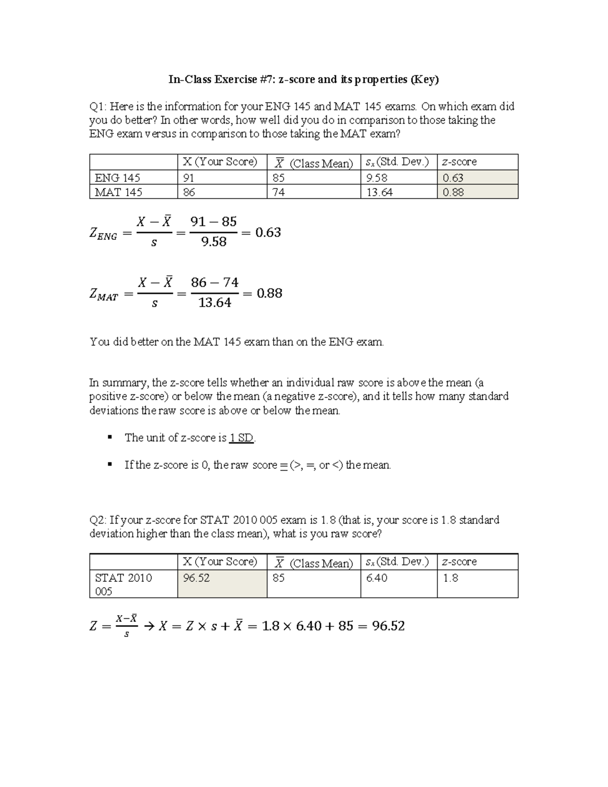 In-Classe Exercise 7 key - In-Class Exercise #7: z-score and its ...