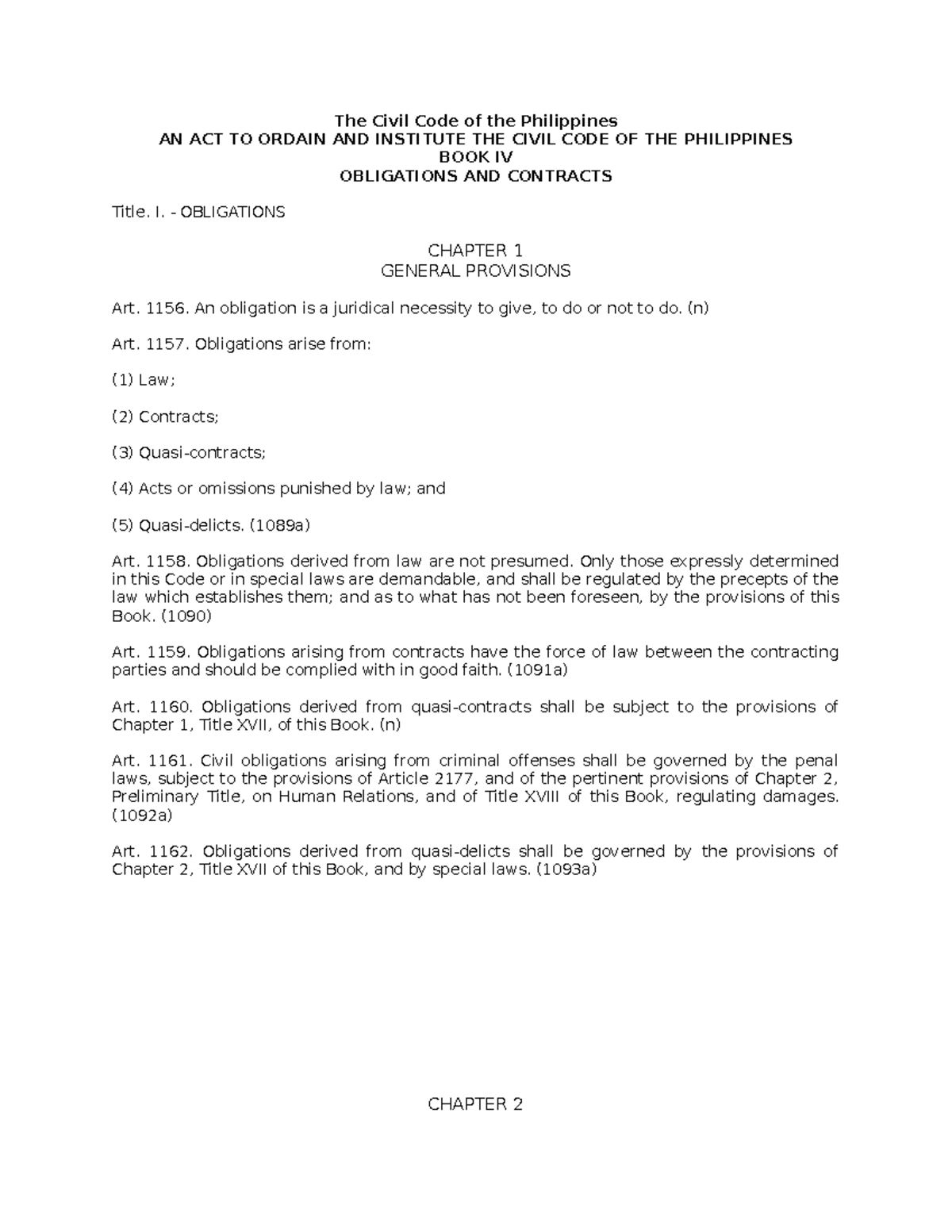 The Civil Code of the Philippines - I. - OBLIGATIONS CHAPTER 1 GENERAL ...