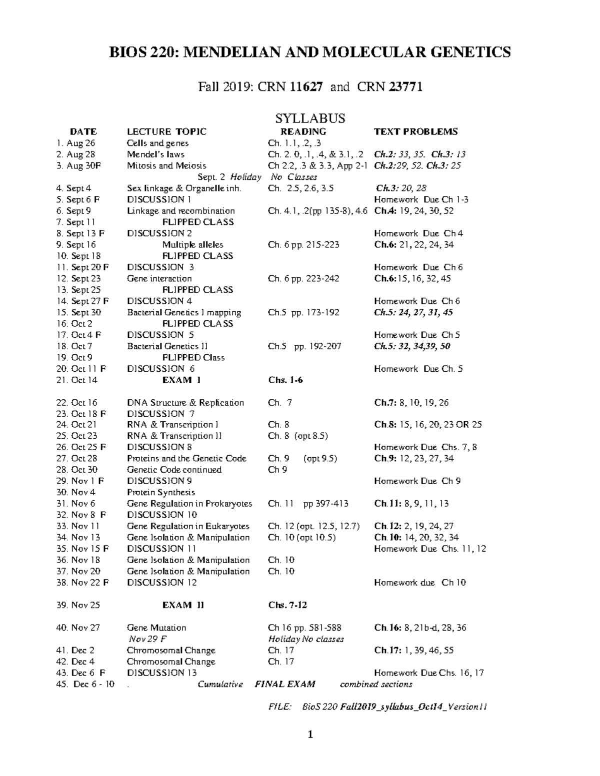 Bio S 220 Fall2019 syllabus Oct14 Version 11 - BIOS 220: MENDELIAN AND ...