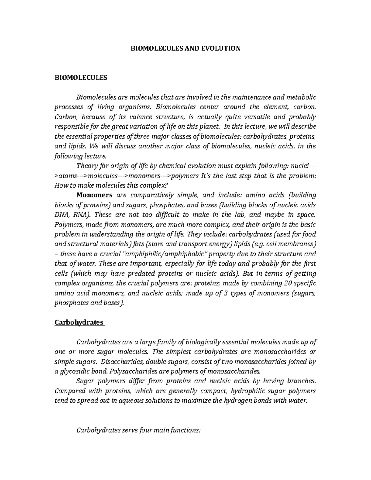 Biomolecules and Evolution Notes BIOMOLECULES AND EVOLUTION