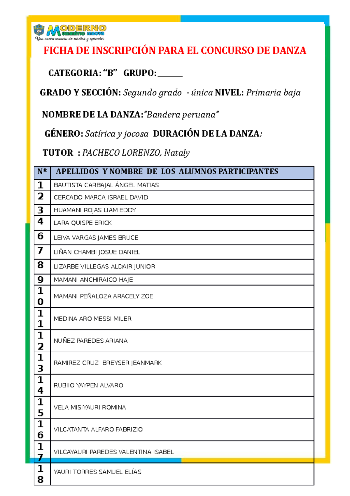 Ficha DE Inscricion PARA EL Concurso DE Danza - FICHA DE INSCRIPCIÓN ...