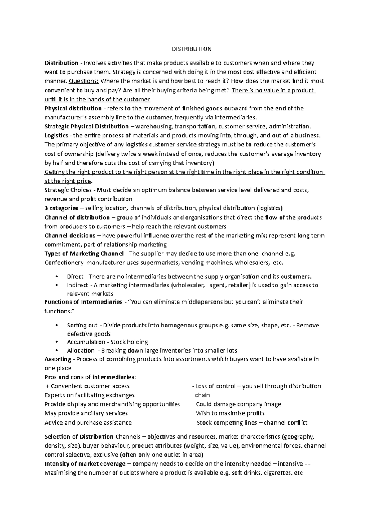 Distribution - Lecture notes n/a - DISTRIBUTION Distribution - Involves ...