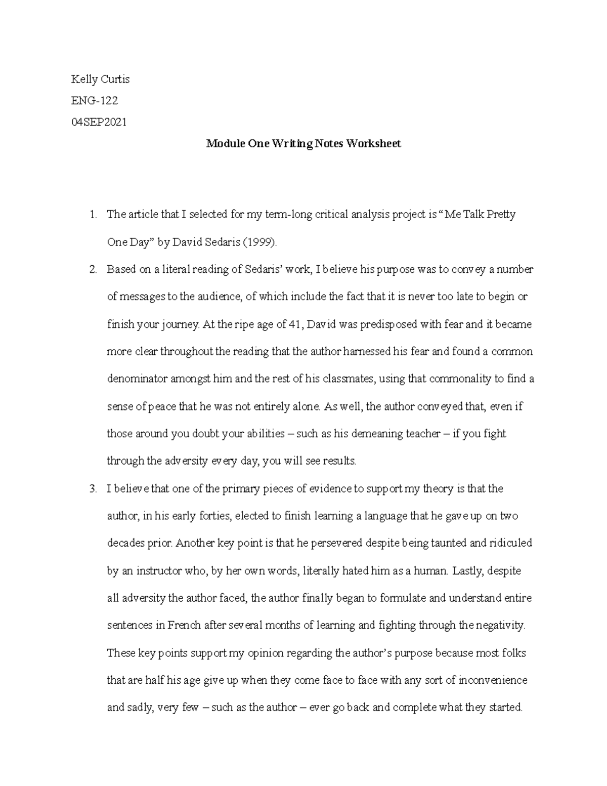 Module One Writing Notes Worksheet - Eng 122 - SNHU - Studocu