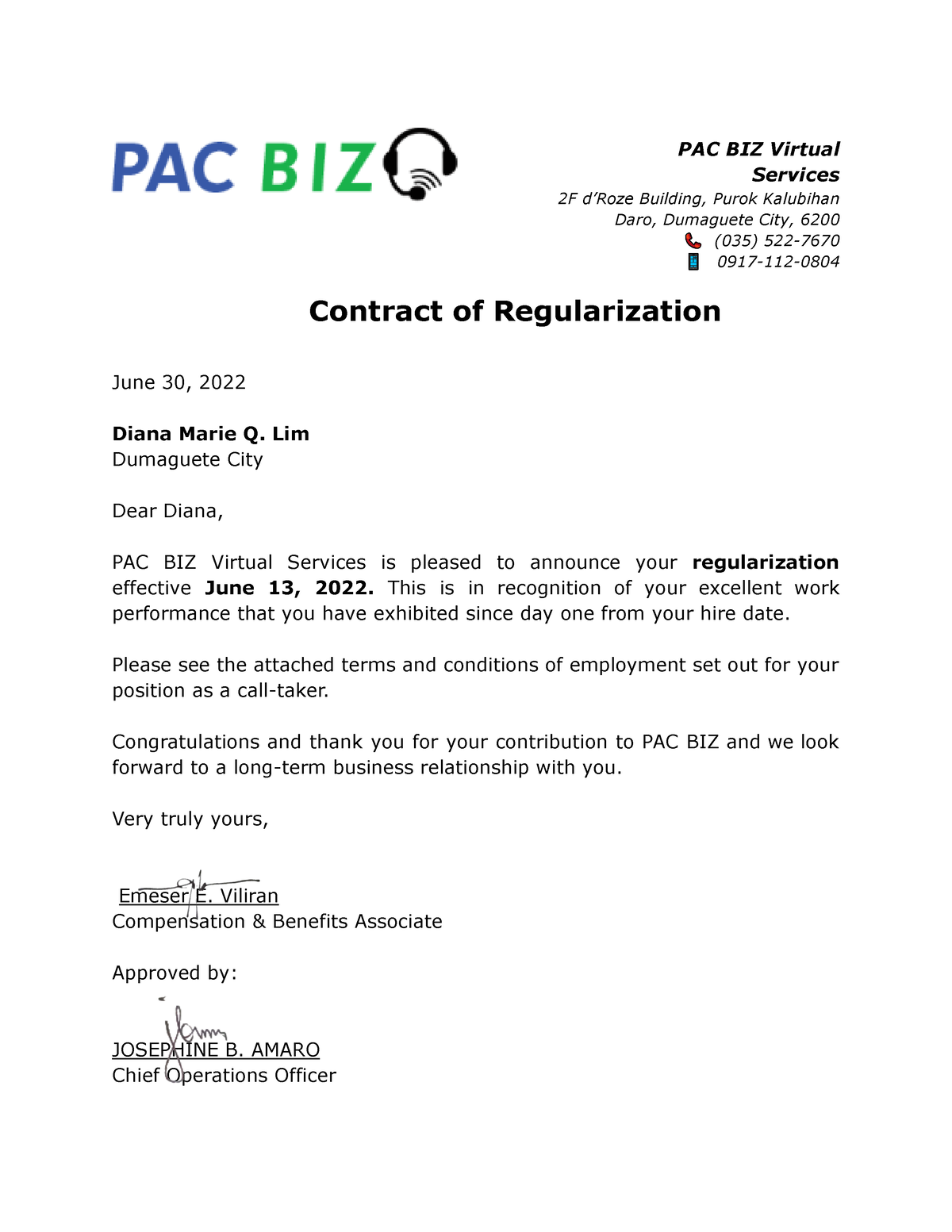 Regularization Letter - PAC BIZ Virtual Services 2F d’Roze Building ...