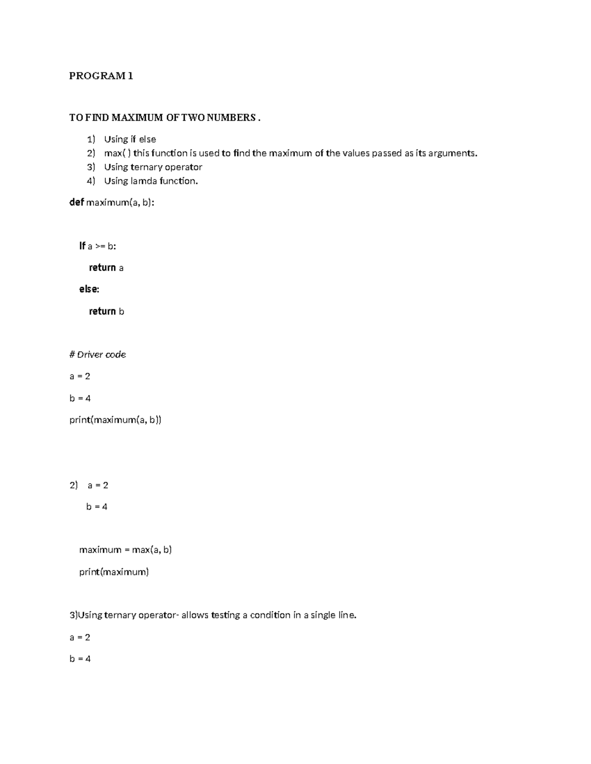 Python lab 1 - Computer Application - PROGRAM 1 TO FIND MAXIMUM OF TWO ...