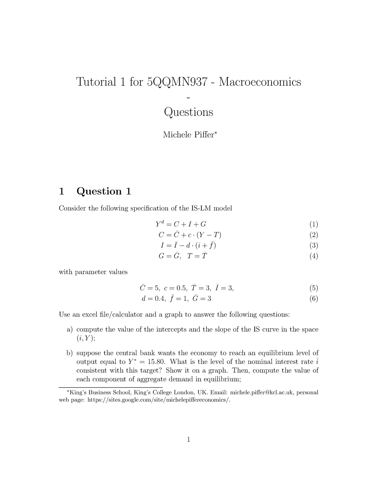 Tutorial 1 IS LMclosed Tutorial 1 for 5QQMN937 Macroeconomics