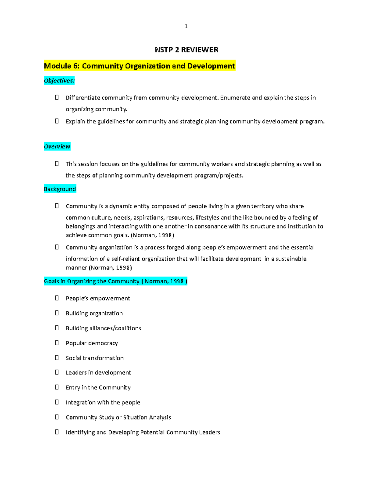 NSTP2-REV - ..vddv - NSTP 2 REVIEWER Module 6: Community Organization ...