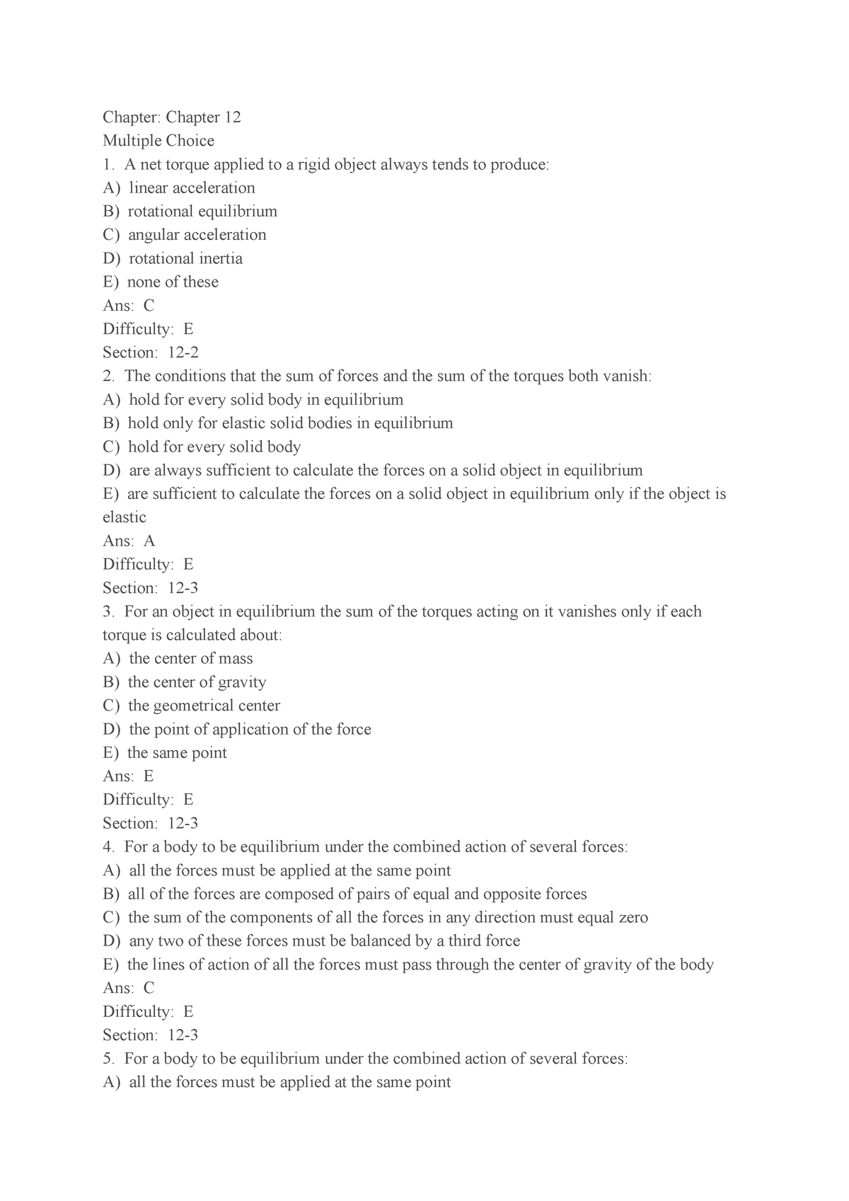 Physics Exam Multiple Choice Questions - Chapter: Chapter 12 Multiple ...