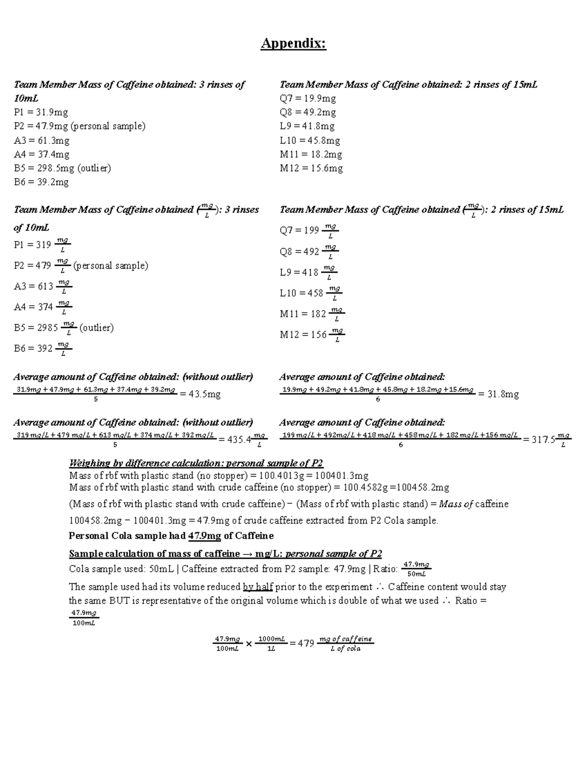Experiment 10 Appendix - Appendix: Team Member Mass of Caffeine ...