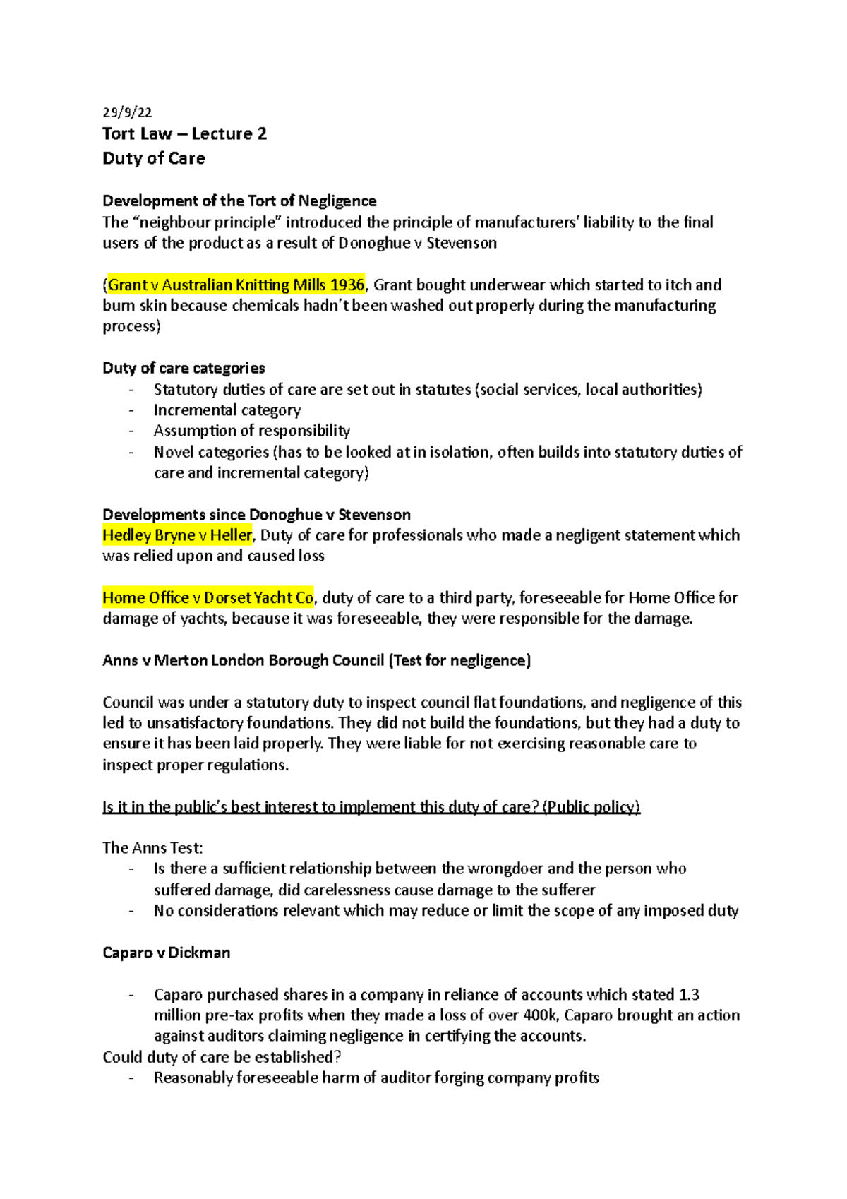 Tort Lecture 2 - Duty of care - 29/9/ Tort Law – Lecture 2 Duty of Care ...