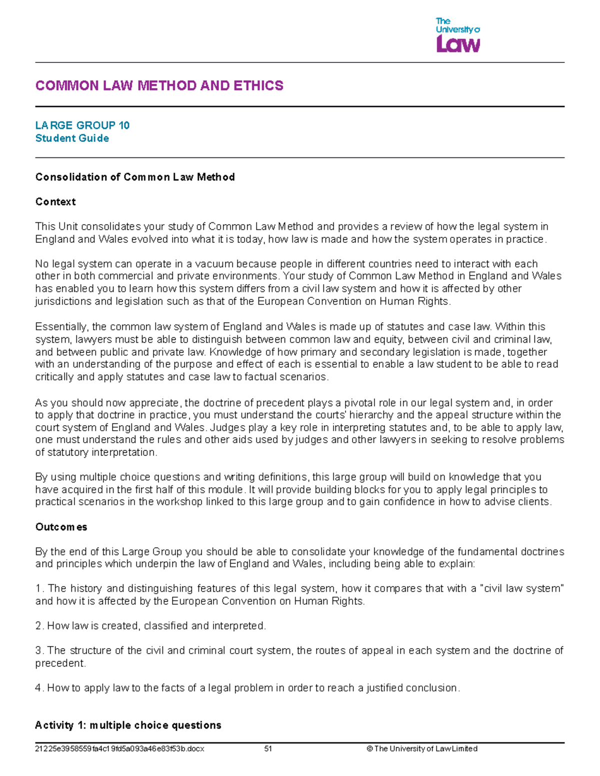 2122 clme lg10 ce01 student guide - COMMON LAW METHOD AND ETHICS LARGE ...