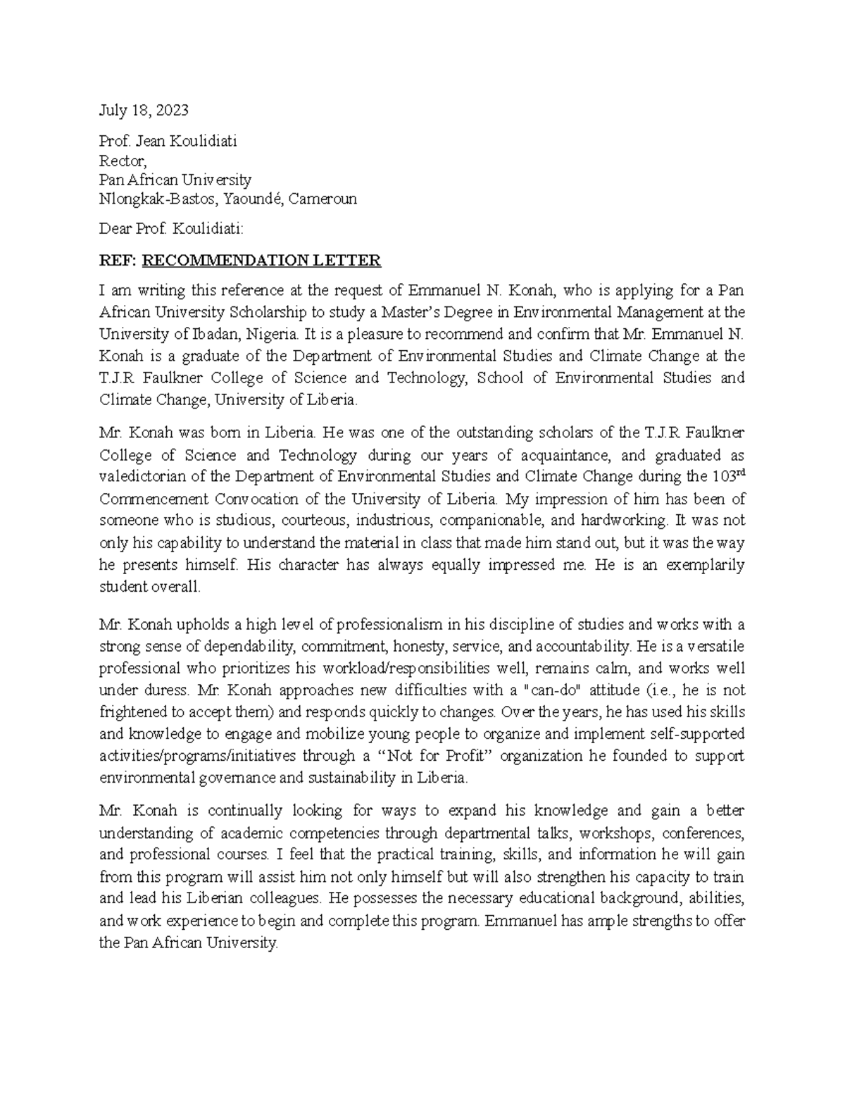 Recommendation Letter for Emmanuel Konah - July 18, 2023 Prof. Jean ...