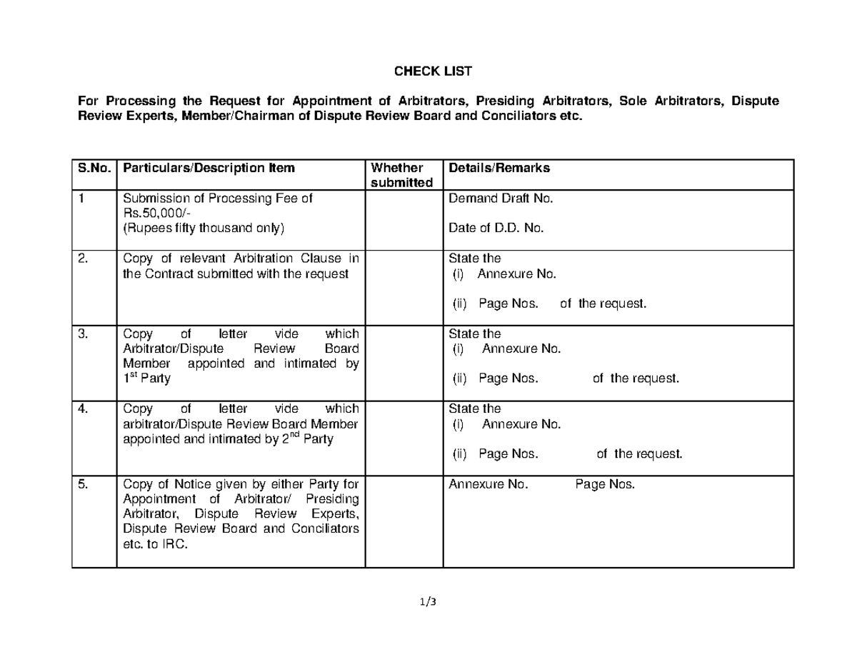 Check LISTappointment of arbitrator - 1/ CHECK LIST For Processing the ...