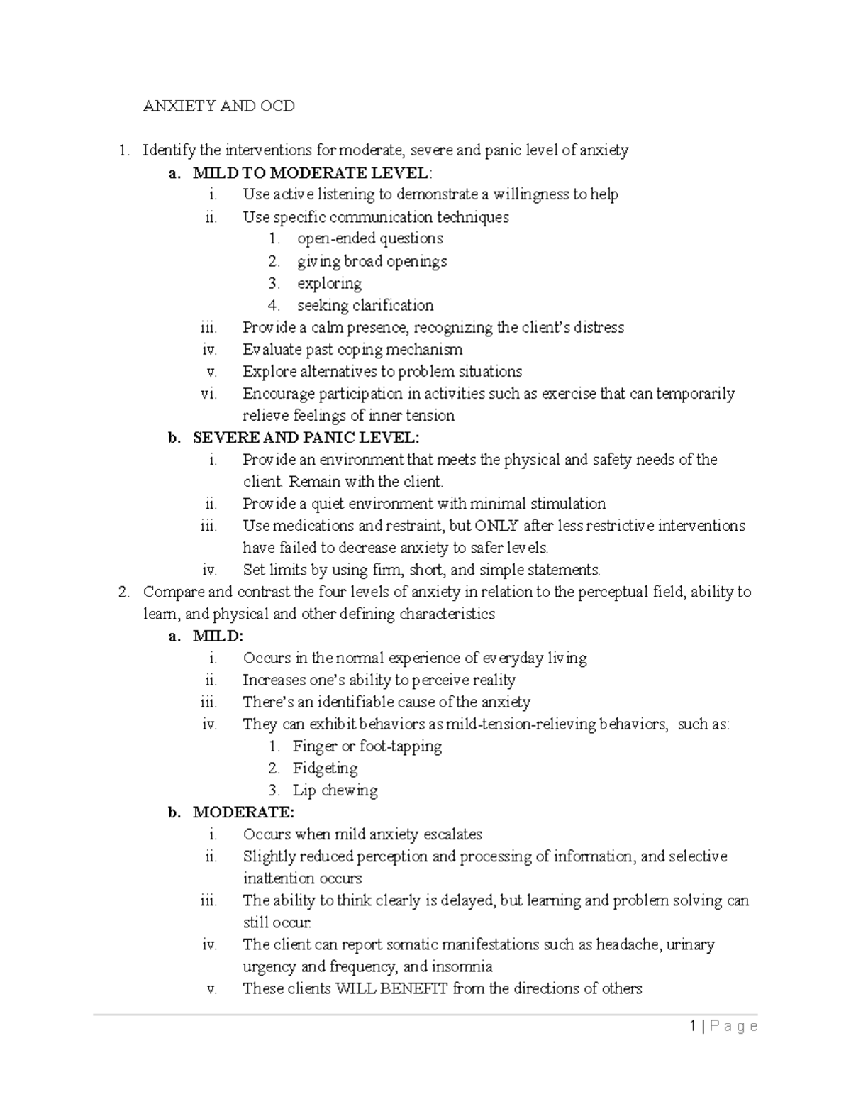 WCU Final Examination Notes ANXIETY AND OCD Identify the