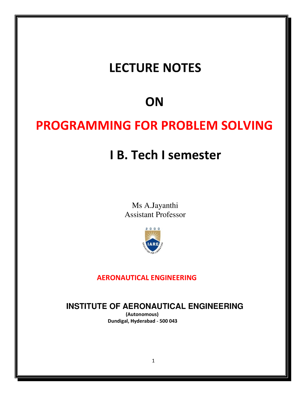 programming for problem solving lecture notes