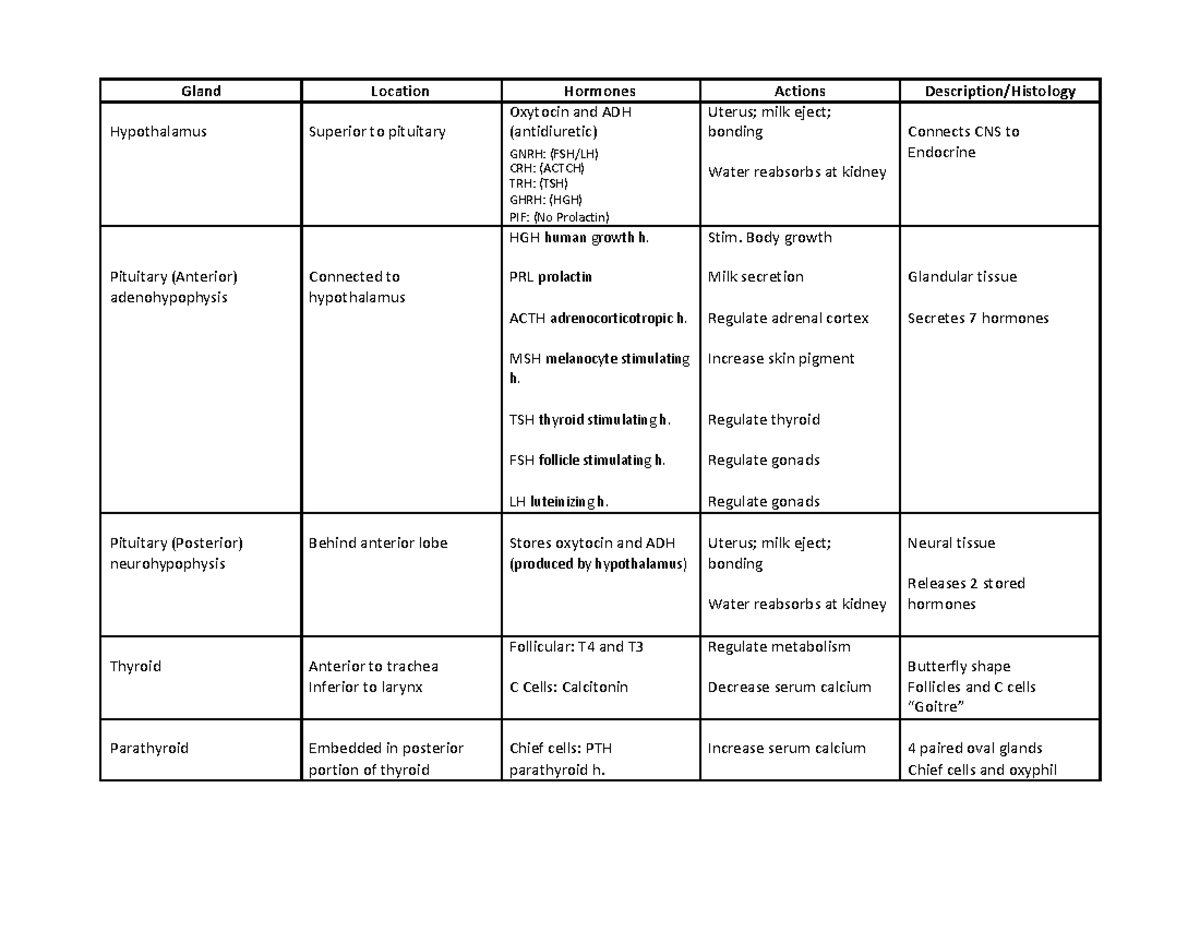 Endocrine system - Gland Location Hormones Actions Description ...