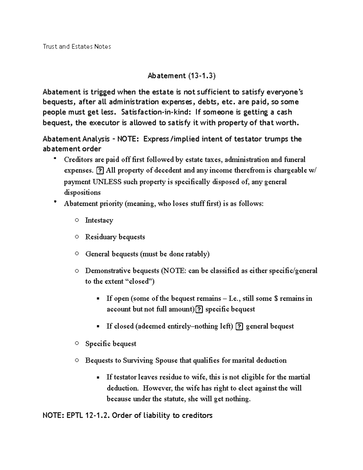 Abatement (13-1.3) - Lecture notes 13 - Tr u s t a n d E s t a t e s N ...