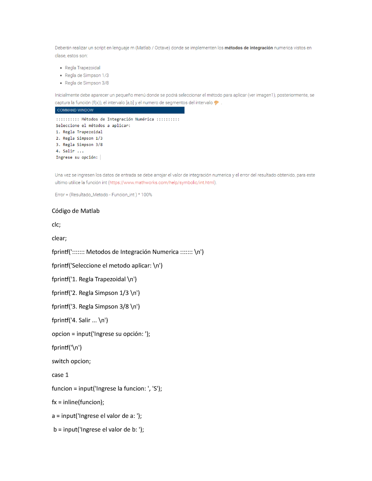 Ejercicio Integración Numerica - Código De Matlab Clc; Clear; Fprintf ...