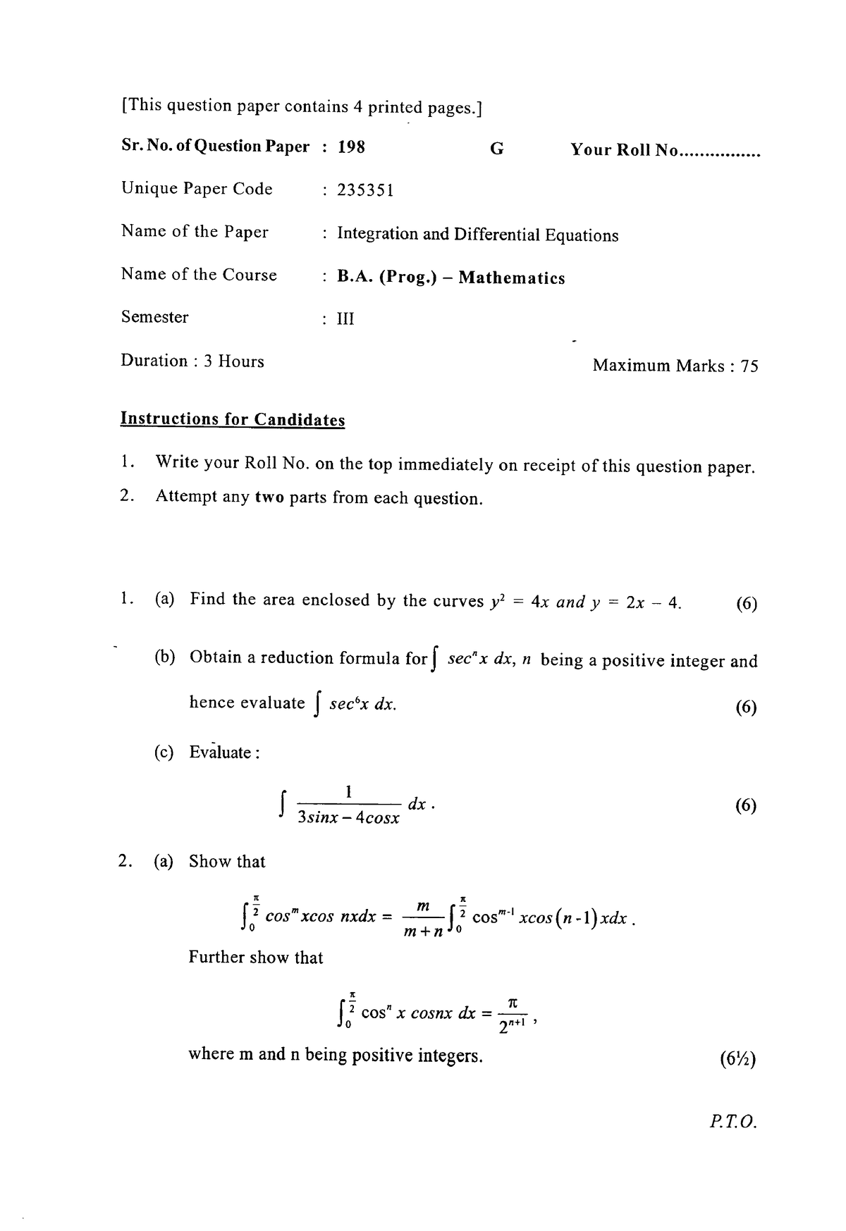 B.A. (PROG.) III- Mathematics- Integration AND Differential Equations ...