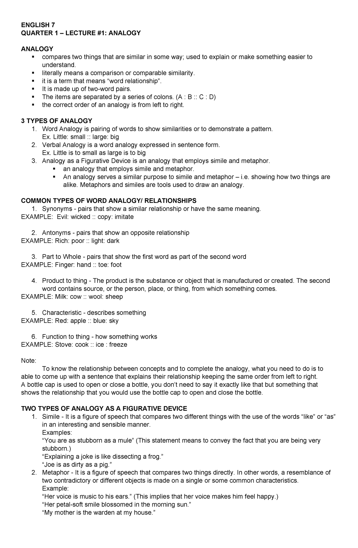 Q1 Mod1 Analogy Lecture English 7 Quarter 1 Lecture 1 Analogy Analogy Compares Two 7226