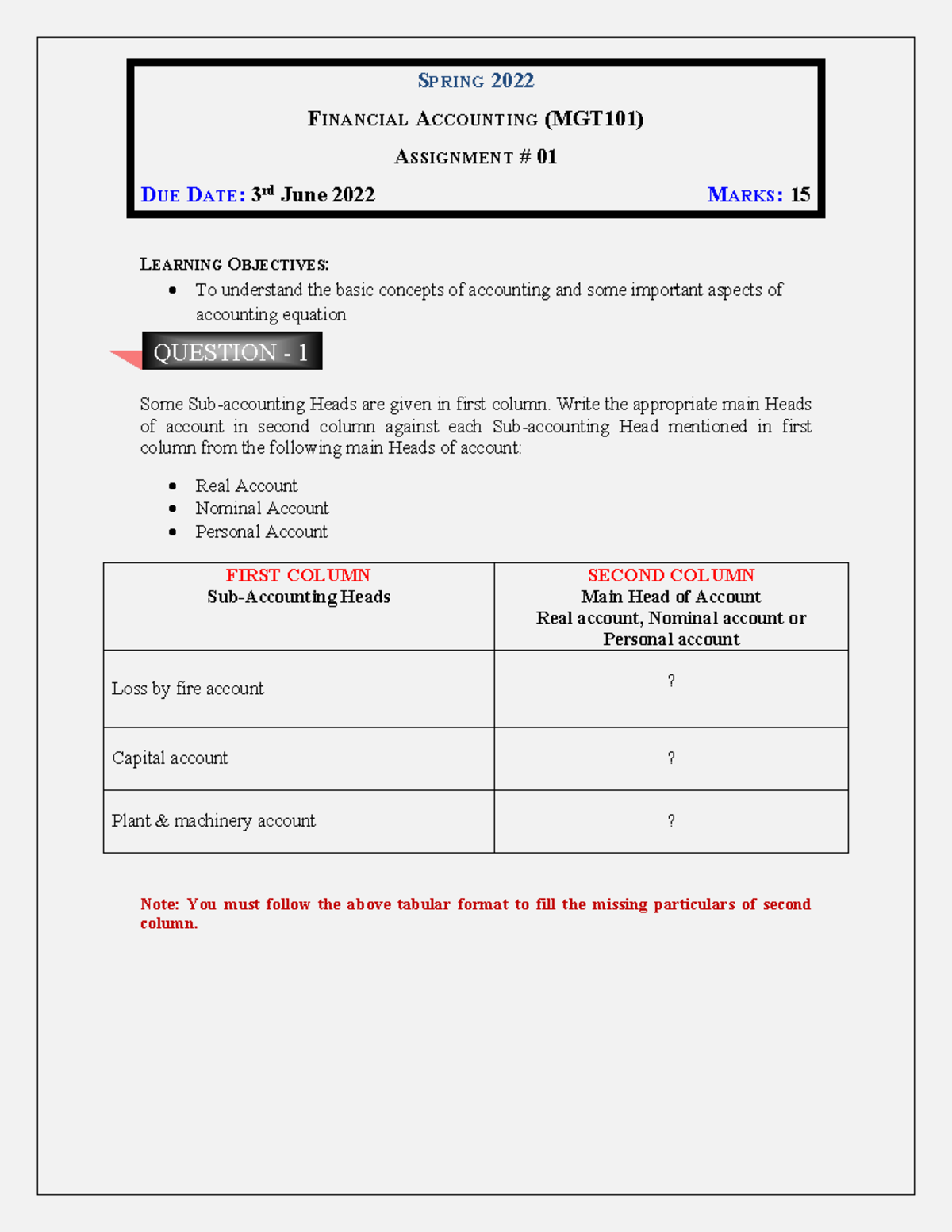 financial accounting (mgt101) assignment # 01