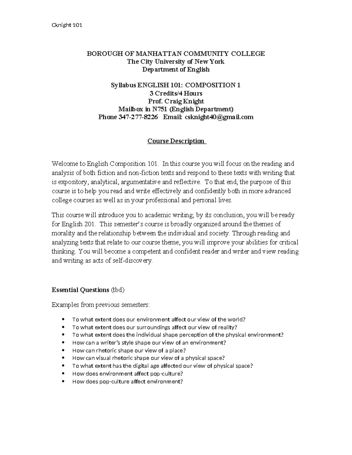 BMCC syllabus (Fall 2023) - BOROUGH OF MANHATTAN COMMUNITY COLLEGE The ...