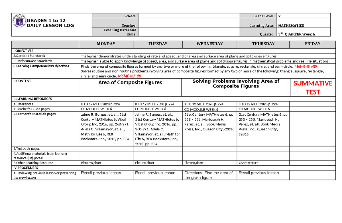 Dll Mathematics 6 Q3 W6 Daily Lesson Log Grades 1 To 12 Daily