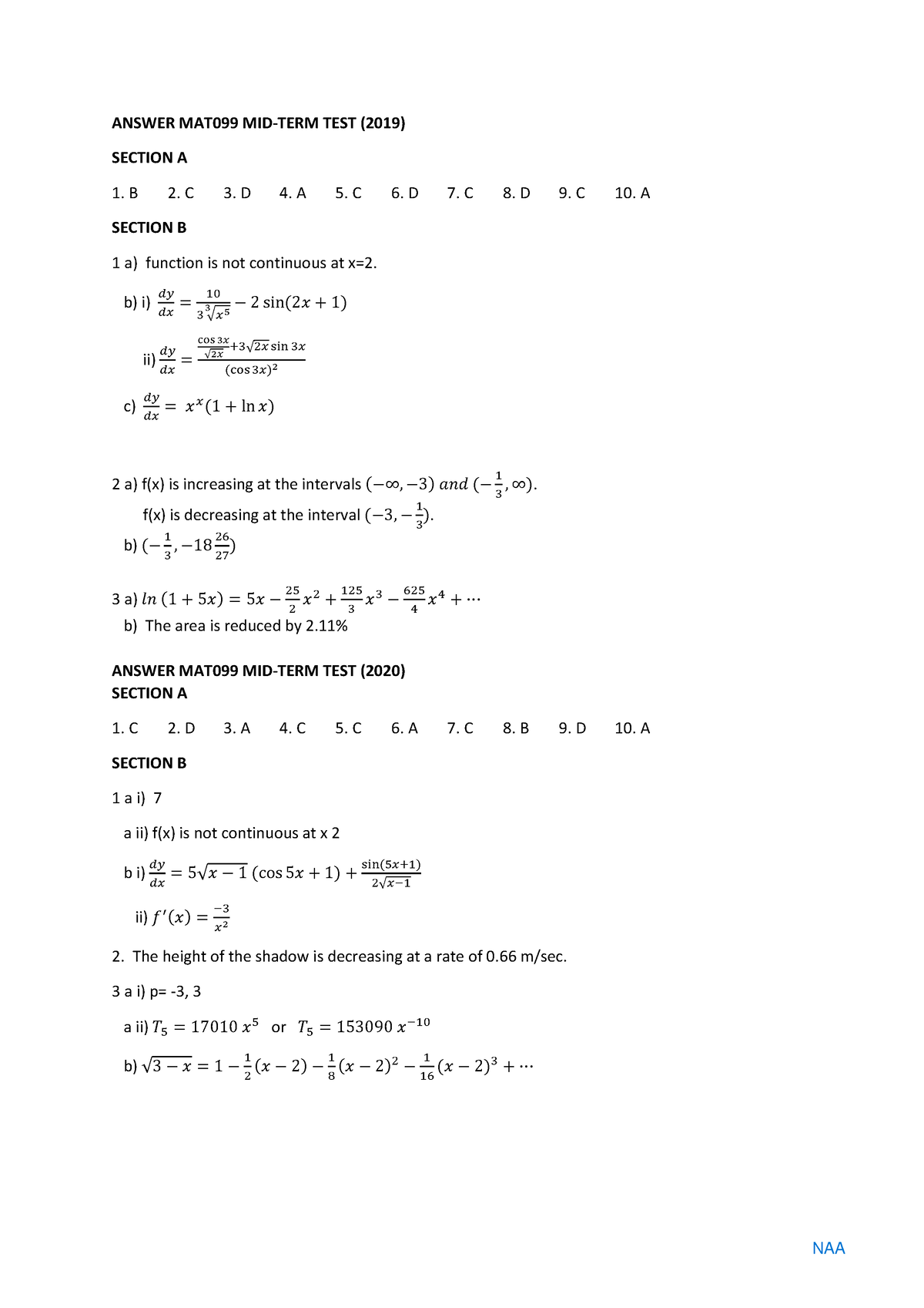 Answer MAT099 MID TERM TEST (2019-2021) - ANSWER MAT099 MID-TERM TEST ...