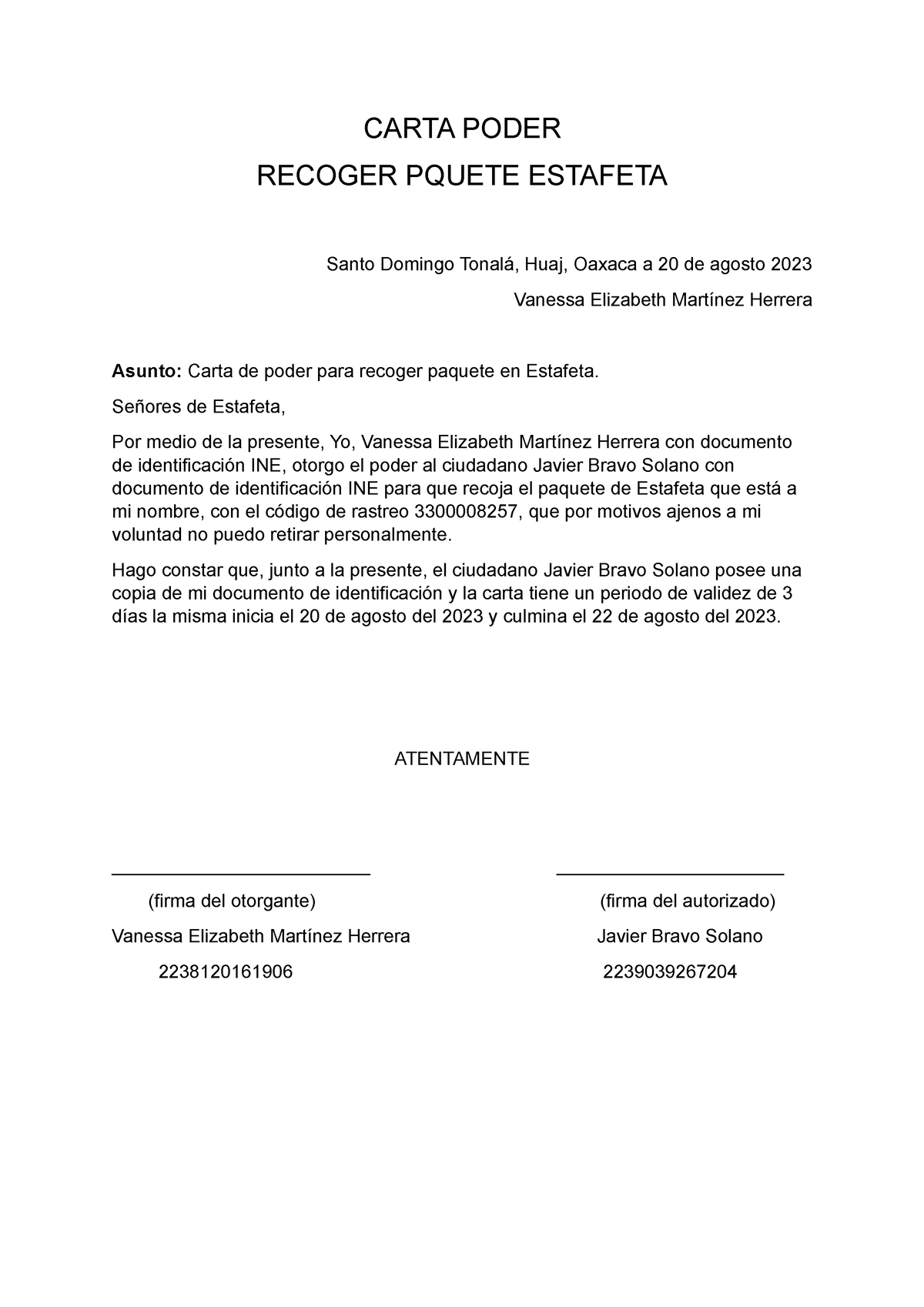 Carta Poder Estafeta Ciencia Sociales CARTA PODER RECOGER PQUETE ESTAFETA Santo Domingo