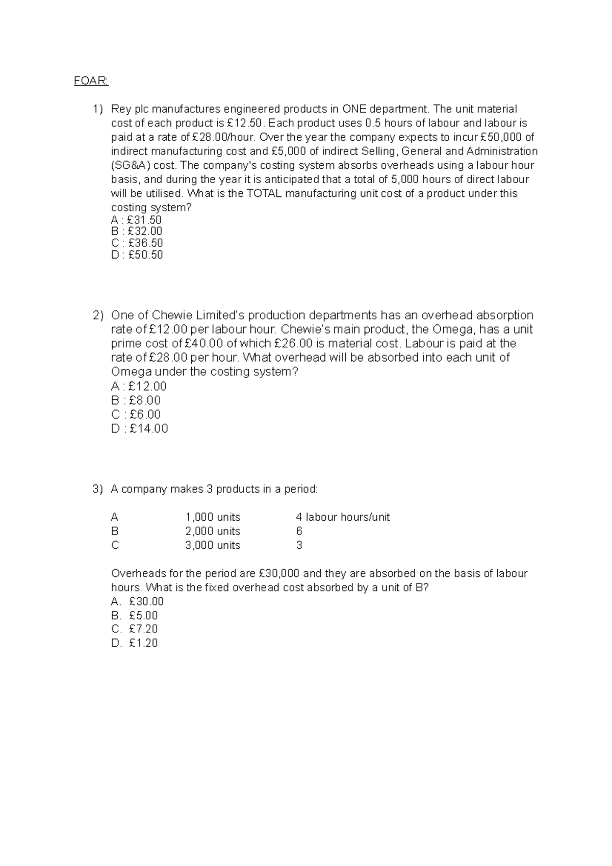 Overhead absorption Q's and A's - BF2224 - Aston - Studocu