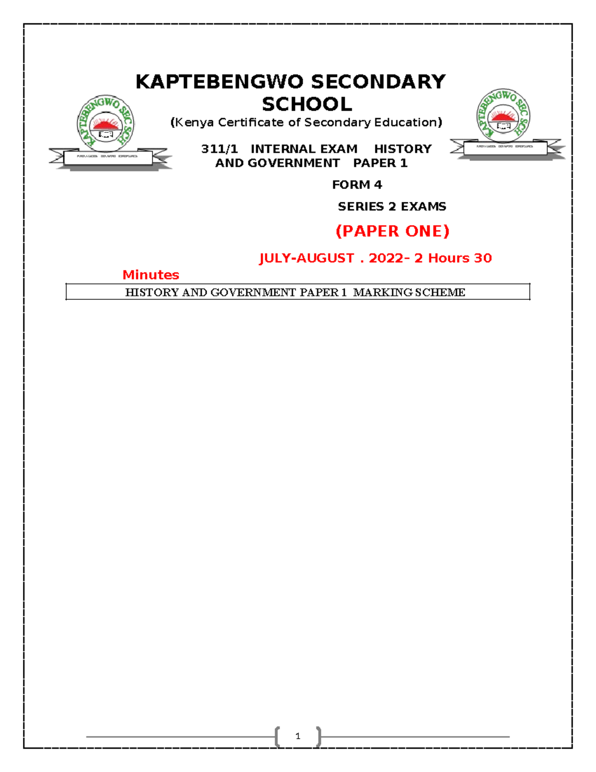 HIST Paper 1 Marking Scheme - KAPTEBENGWO SECONDARY SCHOOL (Kenya ...