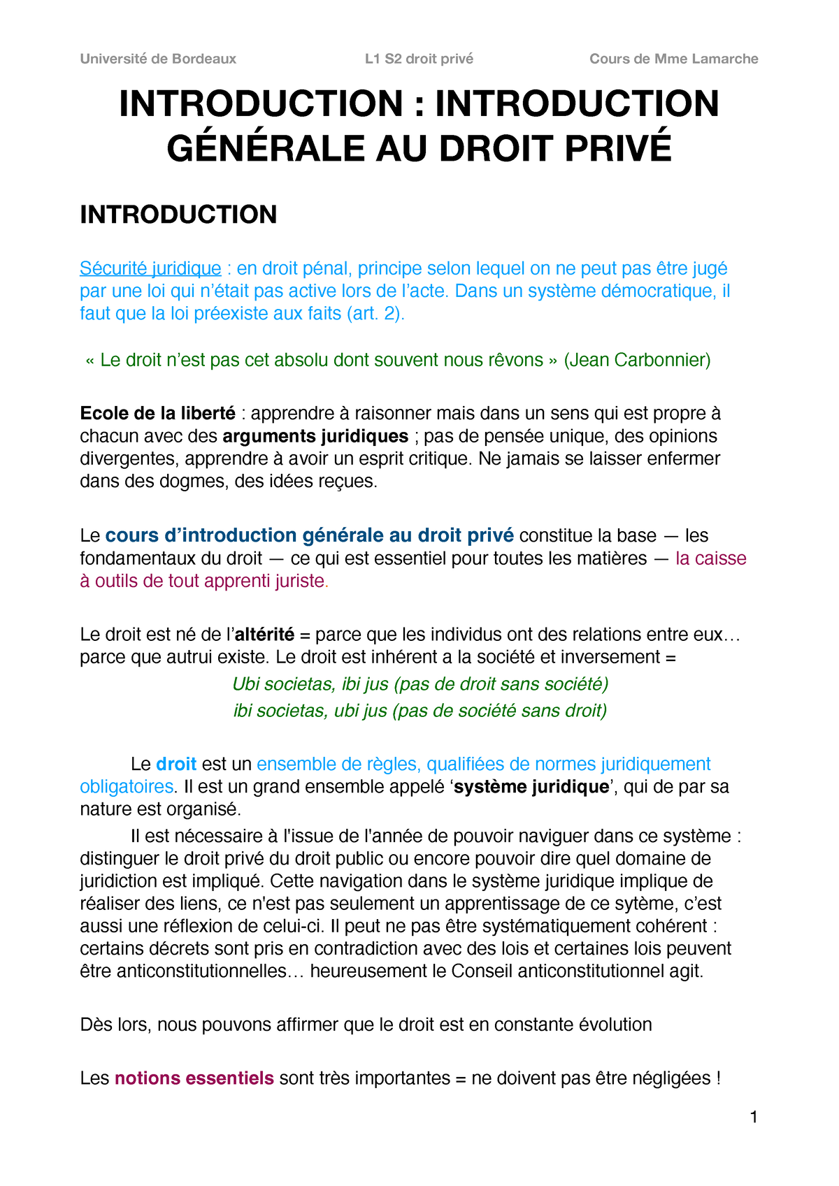 L1 Droit Intro Droit Privé Introduction Introduction GÉnÉrale Au Droit PrivÉ Introduction 