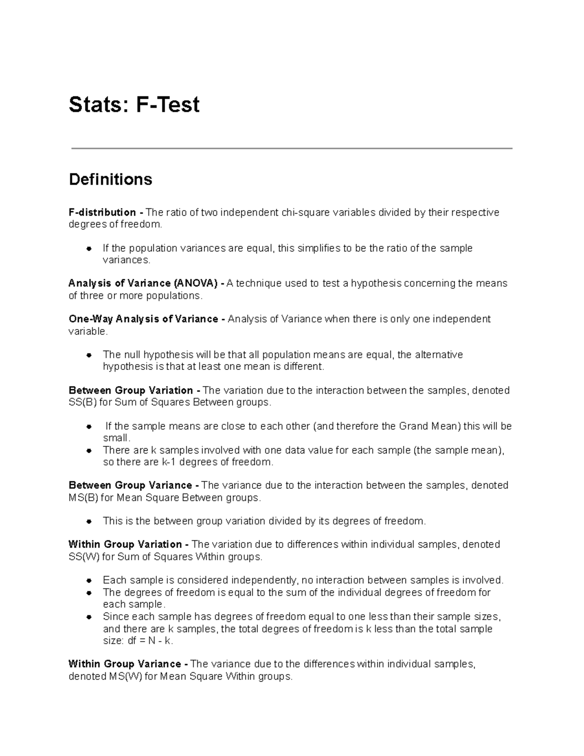 Stats FTest Statistics Lecture Notes Stats FTest Definitions F