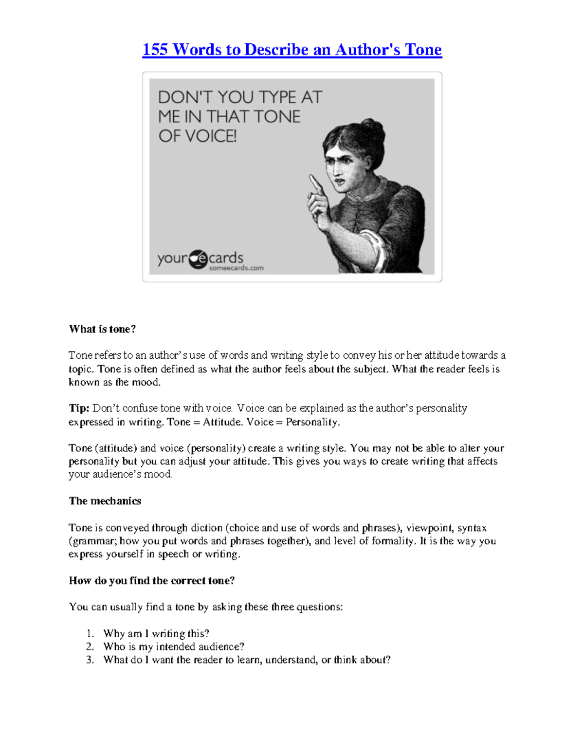 Tone Words with Meaning (Text Analysis VCE ENGLISH) 155 Words to