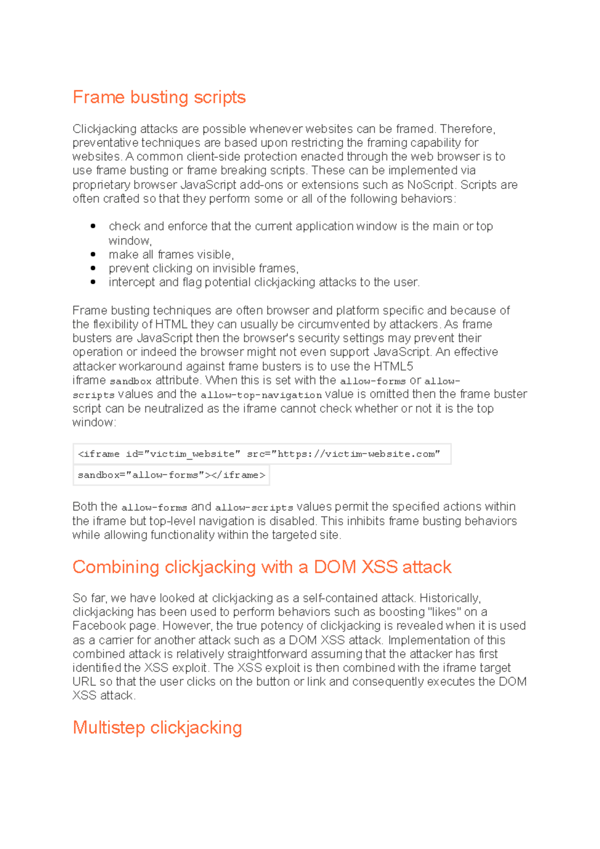 Frame busting scripts Combining clickjacking with a DOM XSS attack