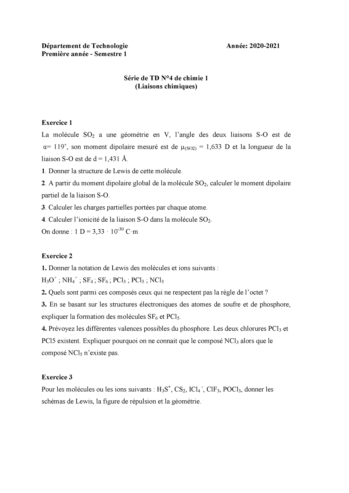 Série De TD N° 4 (Liaisons Chimiques) - Département De Technologie ...