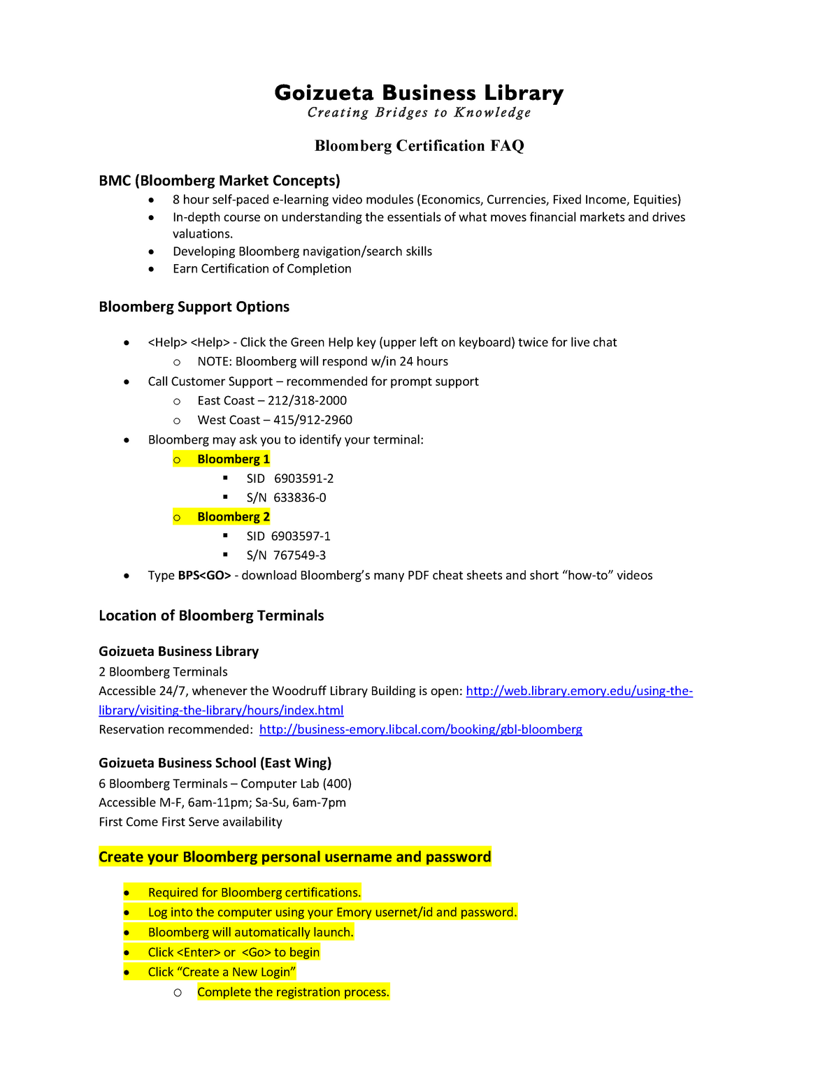 Bloomberg and Bloomberg Market Concepts (BMC) Signup Instructions - Whitman  - Answers