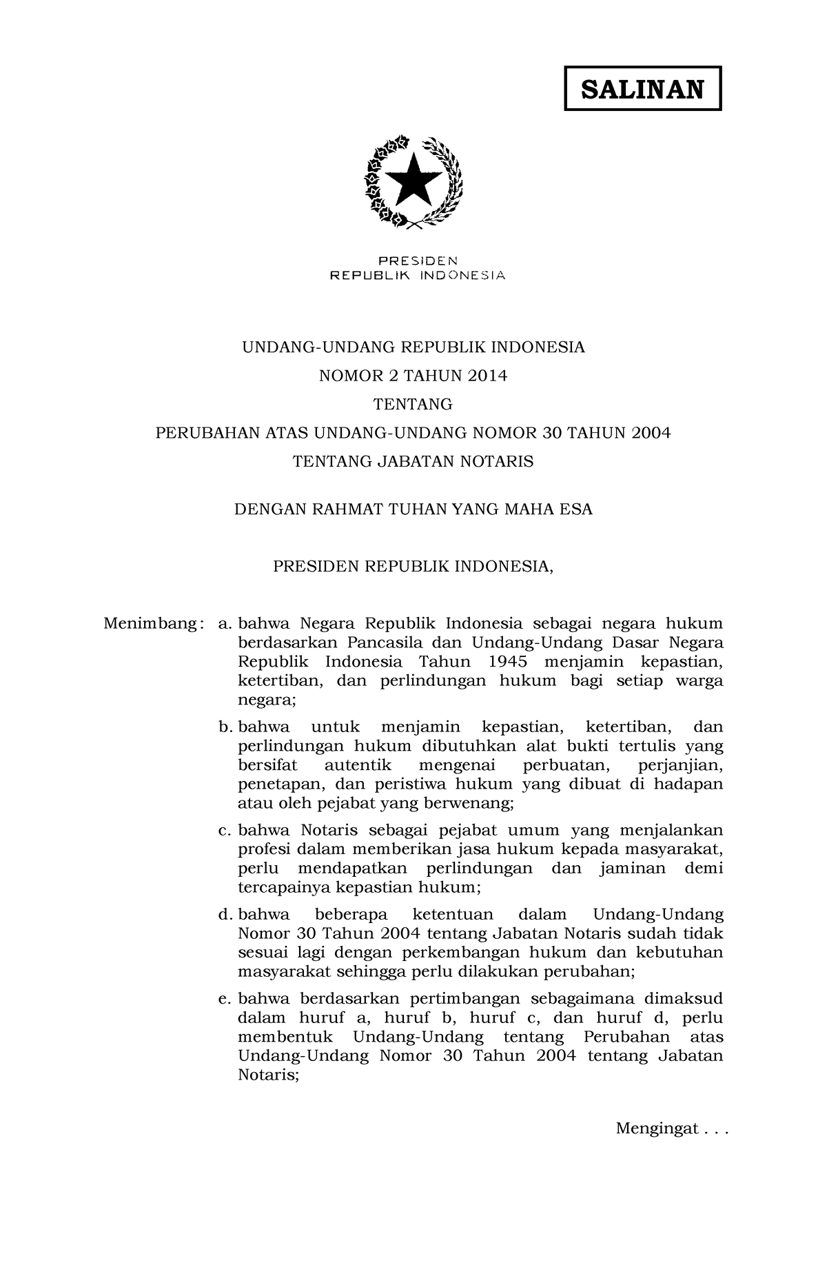 UUJN 2-2014 - Undang Undang Jabatan Notaris - SALINAN UNDANG-UNDANG ...