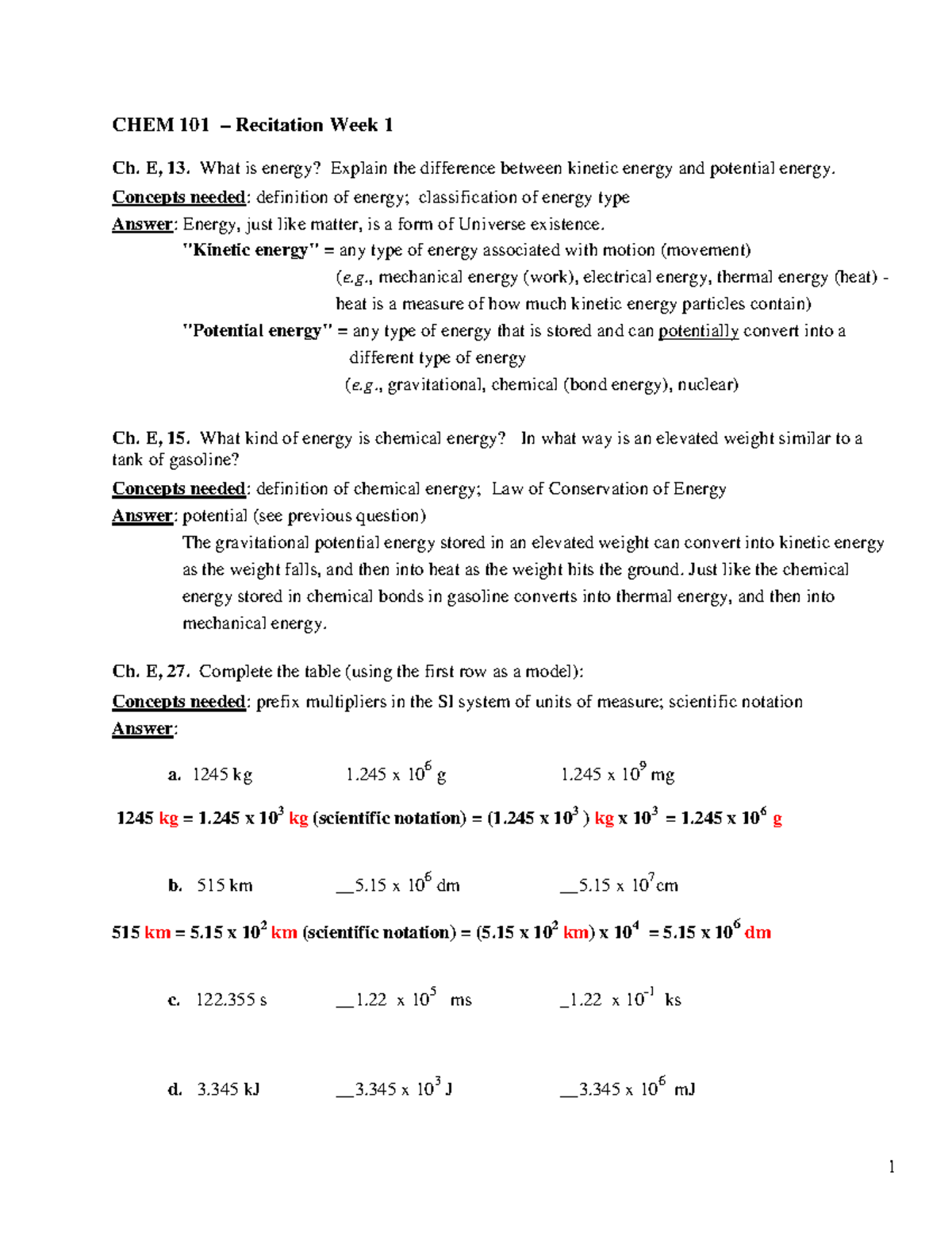Recitation answers print - 1 CHEM 101 – Recitation Week 1 Ch. E , 13 ...
