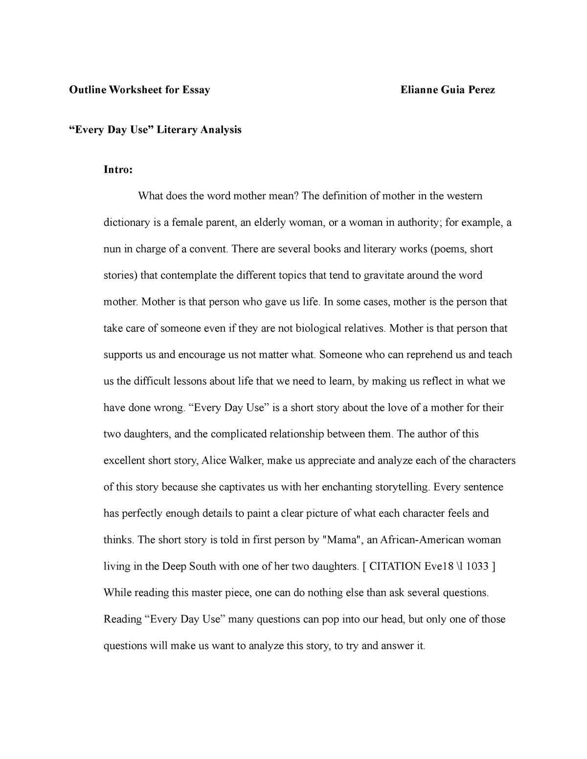 Literary Analysis Outline Every day use 13 - Outline Worksheet for