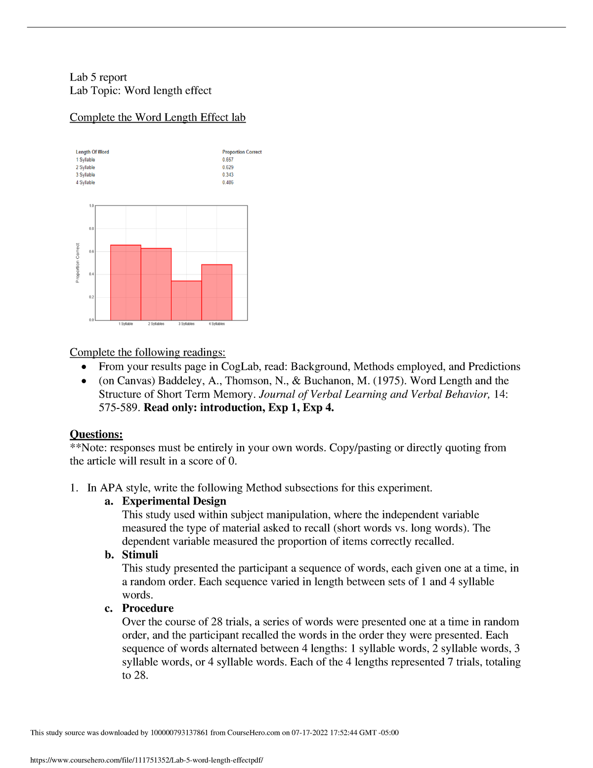 Psych 3340 Lab 5 Word Length Effect Lab 5 Report Lab Topic Word