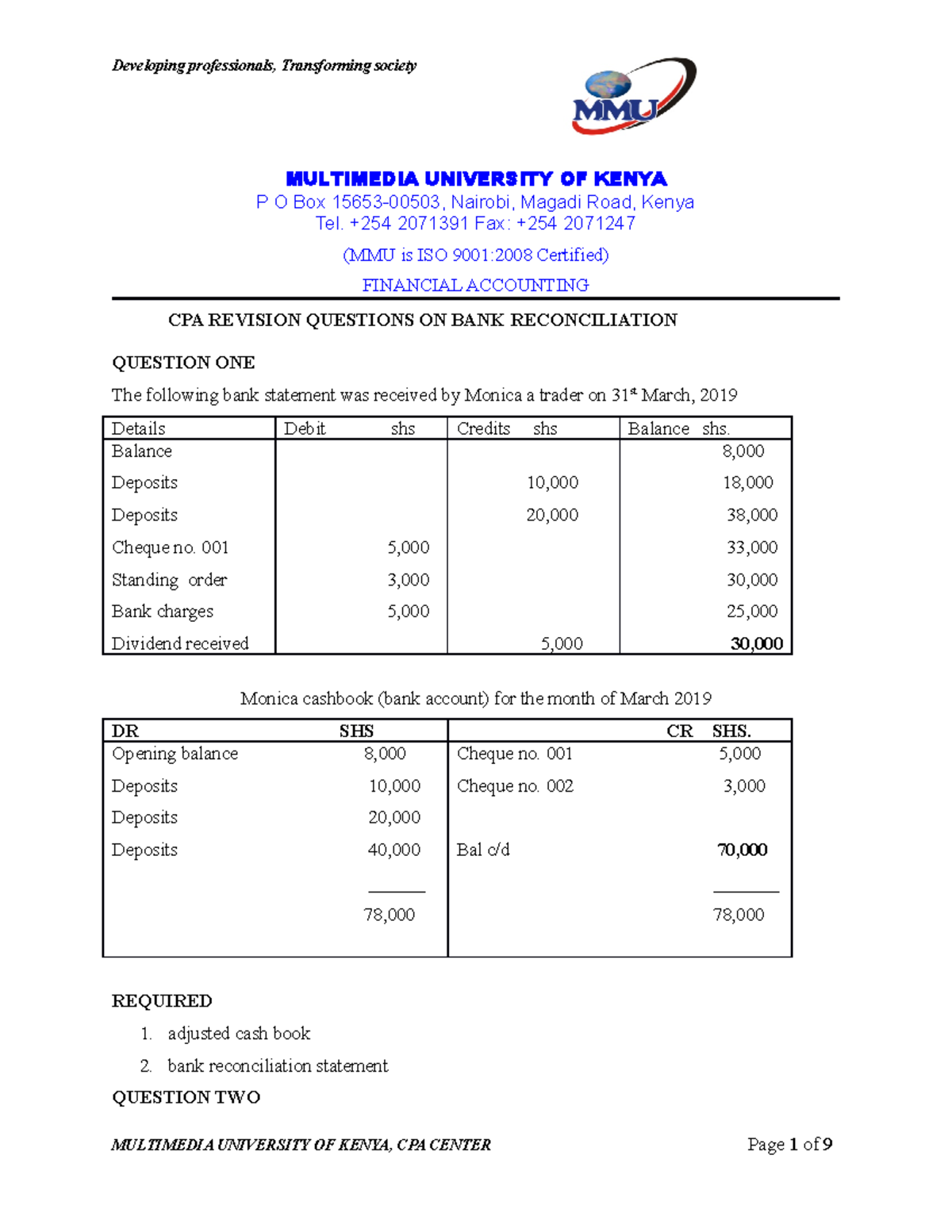 Bank reconciliation questions - MULTIMEDIA UNIVERSITY OF KENYA P O Box ...