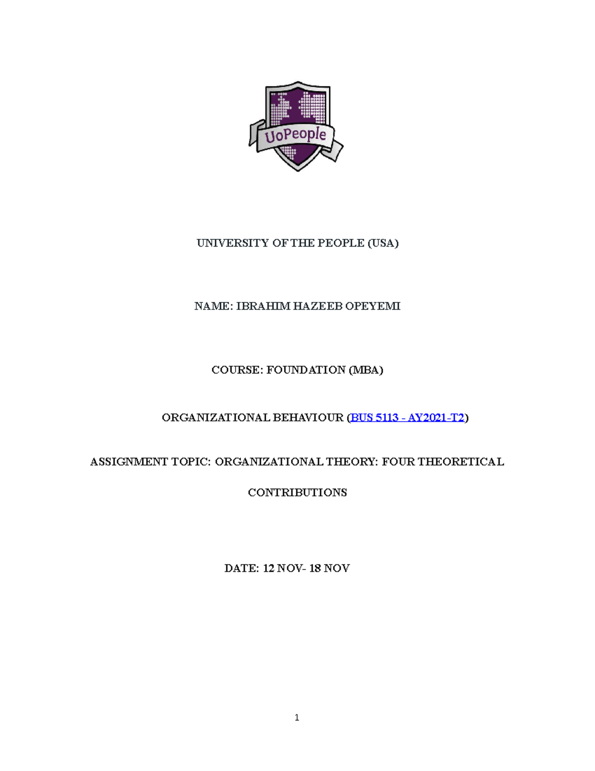 BUS 5113 Written Assignment - UNIVERSITY OF THE PEOPLE (USA) NAME ...