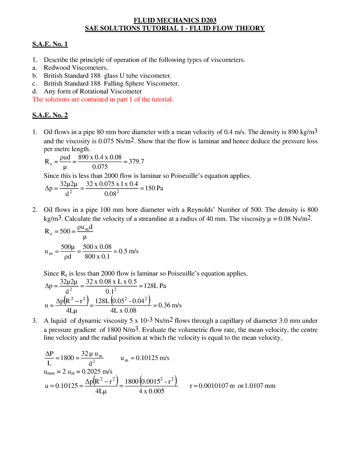 Fluid Mechanics D203 Reseni - FLUID MECHANICS D SAE SOLUTIONS TUTORIAL ...