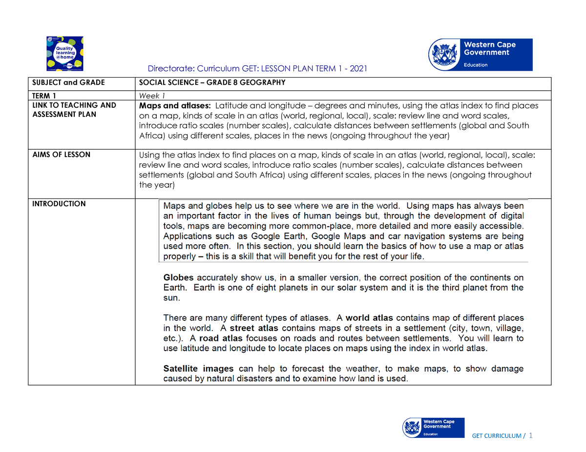 Lesson Plan SP Grade 8 SS Geography T1 W1 - Directorate: Curriculum GET ...